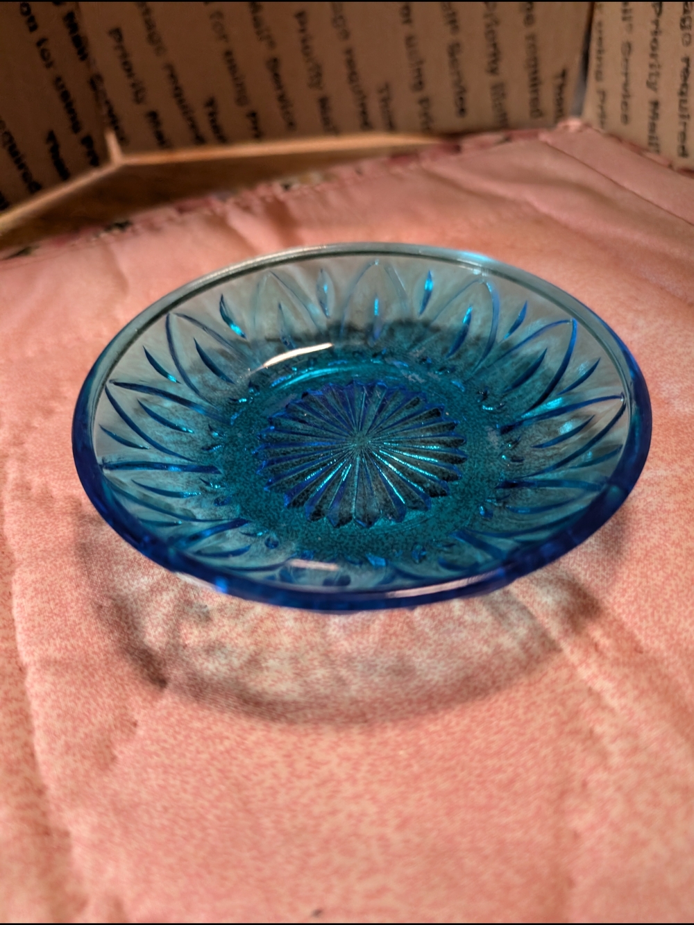 Vintage Hazel Atlas Cobalt Blue Glass Dish Trinket Sunburst Pattern